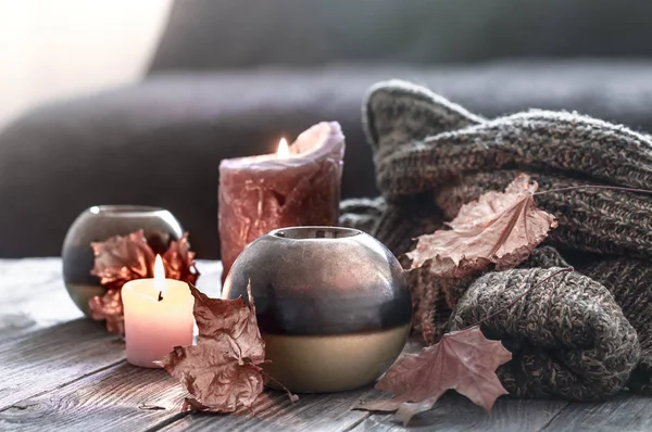 Aconchegante café da manhã de outono na cama ainda cena da vida. Vapor — Fotografia de Stock