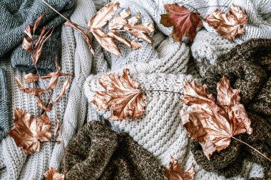 Yatakta natürmort sahnesinde rahat sonbahar sabah kahvaltısı. Buharda 