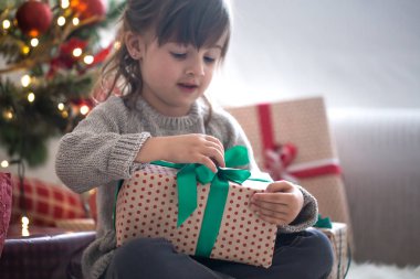 Güzel küçük kız bir hediye kutusu tutuyor ve zaman Sitti gülümseyen