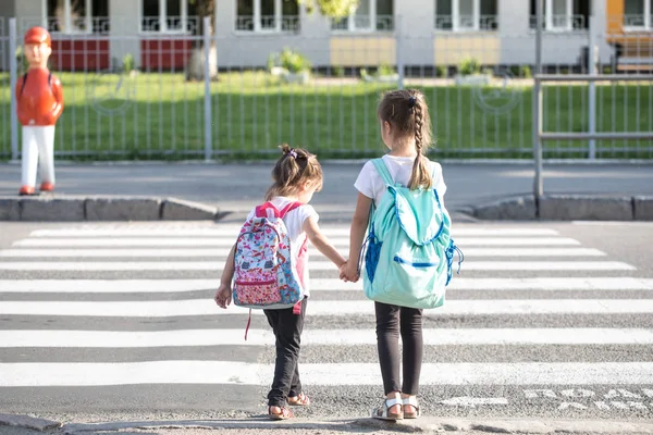 Regreso al concepto de educación escolar con niñas, estudiantes de primaria, llevando mochilas a clase — Foto de Stock