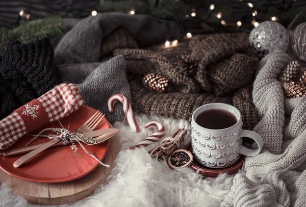 Cozy Christmas morning with cup of tea in bed. Still life scene — Stock Photo, Image