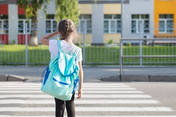 De volta ao conceito de educação escolar com garotas, alunos do ensino fundamental, carregando mochilas indo para a aula — Fotografia de Stock