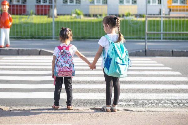 De volta ao conceito de educação escolar com garotas, alunos do ensino fundamental, carregando mochilas indo para a aula — Fotografia de Stock