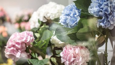 Güzel mavi ortanca, egzotik protea çiçek buketi. Çiçek pazarı benekli.