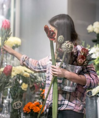 Ekose gömlekli genç bir kız seçer ve bir çiçekçi dükkanında çiçek bir kompozisyon oluşturur