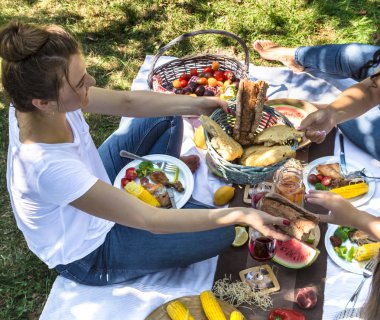 Yiyecek ve içecekler ile doğada arkadaşlar la yaz piknik.