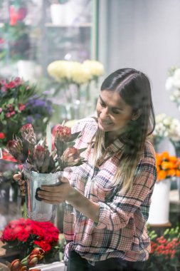 Ekose gömlekli genç bir kız seçer ve bir kompozisyon oluşturur 