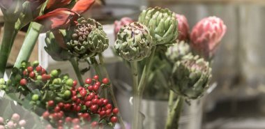 Egzotik çiçekler kırmızı Amaryllis, enginar ve Protea akan vardır