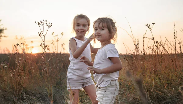 Две младшие сестры в поле на закате . — стоковое фото