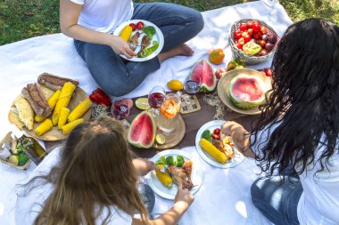 Yiyecek ve içecekler ile doğada arkadaşlar la yaz piknik.