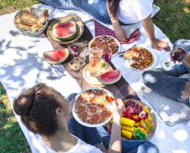 Yiyecek ve içecekler ile doğada arkadaşlar la yaz piknik.