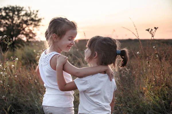 Zwei kleine Schwestern in einem Feld bei Sonnenuntergang. — Stockfoto