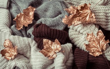 Sonbahar arkaplanı rahat süveterler ve altın yapraklarla .