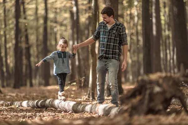 Папа и дочь гуляют по осеннему лесу . — стоковое фото