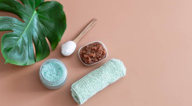 Renkli bir arka planda vücut bakım ürünleri olan bir spa kompozisyonu ve bir canavar yaprağı. Spa konsepti.