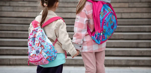 Vuelta Escuela Dos Niñas Toman Mano Caminan Escuela Con Maletín — Foto de Stock