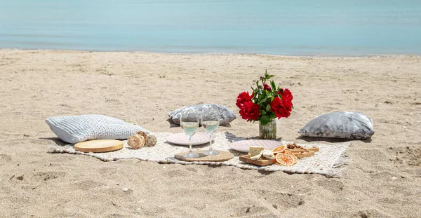 Sommaren Vacker Romantisk Picknick Vid Havet Begreppet Semester — Stockfoto