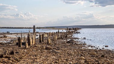 Gün batımında Kuyalnik 'in ağzının suyundan çıkan tuzla kaplı tahta sütunlar.