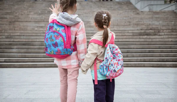 Wracając Szkoły Dwie Dziewczyny Trzymają Się Ręce Chodzą Szkoły Walizką — Zdjęcie stockowe