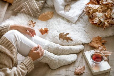 Evde sıcak bir sonbahar, elinde çay ve kitap olan bir kadın. Samimi bir yaşam tarzı. Kompozisyonda vücut parçaları.