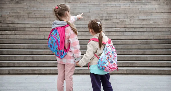 Tornate Scuola Due Ragazze Tengono Mano Vanno Scuola Con Una — Foto Stock