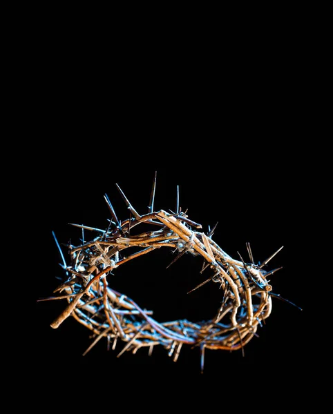 The crown of thorns lie on an isolated black background, with a blue tint of light. The concept of Holy week, associated with suffering and love. Close up.