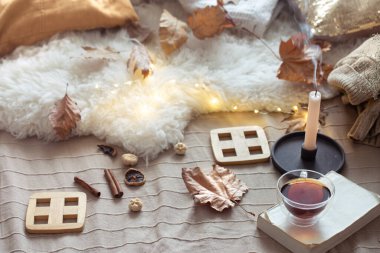 Dekoratif eşyalarla dolu sade bir ortamda sakin bir sonbahar..