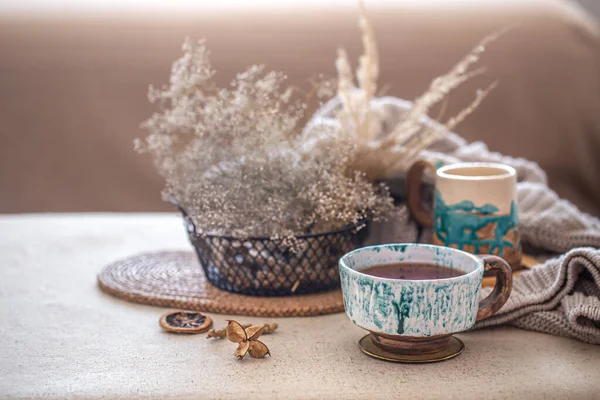 Cozy Home Still Life Beautiful Ceramic Cup Tea Table Decorative — Stock Photo, Image