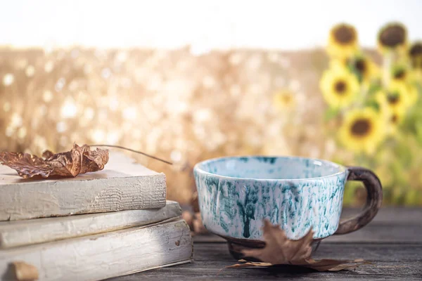 Autumn Composition Books Beautiful Cup Background Field Sunflowers — Stock Photo, Image