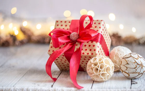 Fundo Natal Bonito Com Brinquedos Natal Uma Caixa Presente Com — Fotografia de Stock