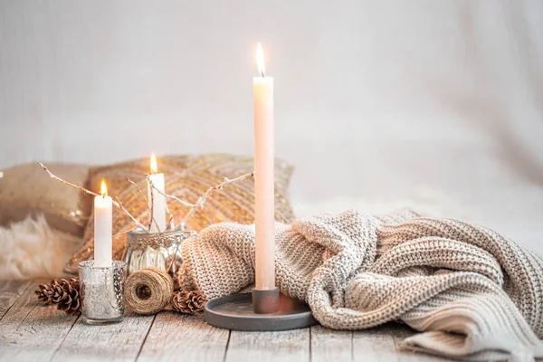 Cozy Home Interior Burning Candles Warm Sweater Wooden Table Seasonal — Stock Photo, Image