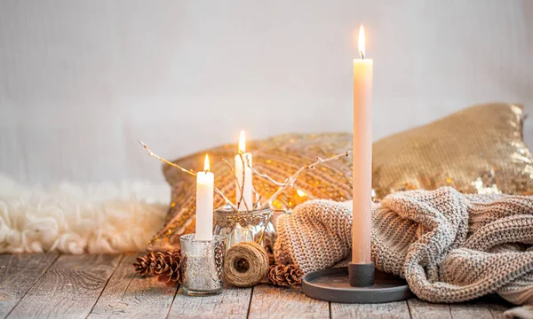 Cozy Home Interior Burning Candles Warm Sweater Wooden Table Seasonal — Stock Photo, Image