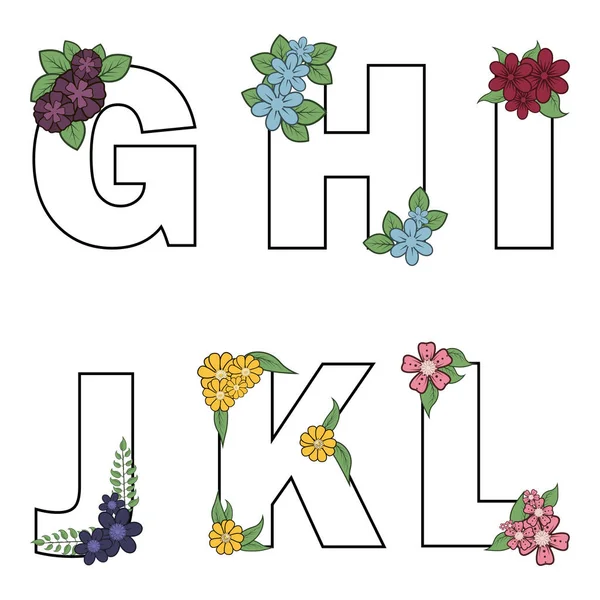 Blumen Alphabet Vektor isolierte Buchstaben mit Blumen blühen Illustration auf weißem Hintergrund. — Stockvektor