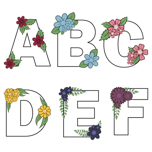 Blumen Alphabet Vektor isolierte Buchstaben mit Blumen blühen Illustration auf weißem Hintergrund. — Stockvektor