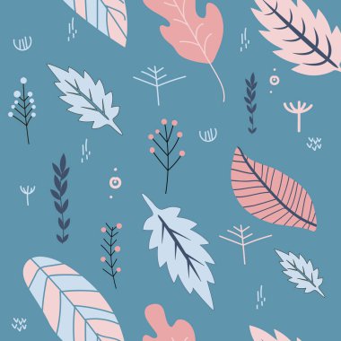 Çiçekler ve yapraklar bahar pastel renklerde.