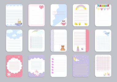 Çocuklar defter sayfa şablonu vektör kartları, notlar, çıkartmalar, etiket, kağıt levha illüstrasyon etiketleri.