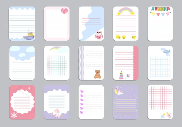 Çocuklar defter sayfa şablonu vektör kartları, notlar, çıkartmalar, etiket, kağıt levha illüstrasyon etiketleri.
