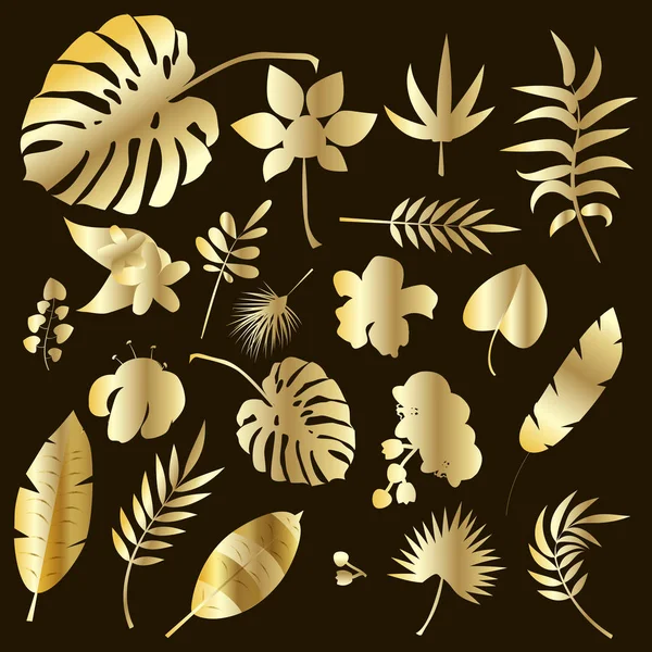 Набор пальмовых листьев золотые силуэты изолированы на темном фоне. Векторная иллюстрация . — стоковый вектор