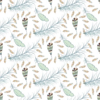 Kabile tüy Dikişsiz desen arka plan kuş doğa kanat öğe vektör grafik illüstrasyon elle çizilmiş stili.