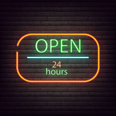 Neon tabela dükkanı 24 7 neon ışık işareti vektör çizim açın.