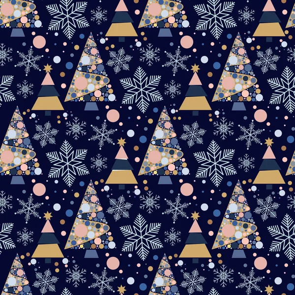 雪花冬季圣诞树假日第一树设计季节12月雪星庆祝装饰例证无缝的样式背景. — 图库照片