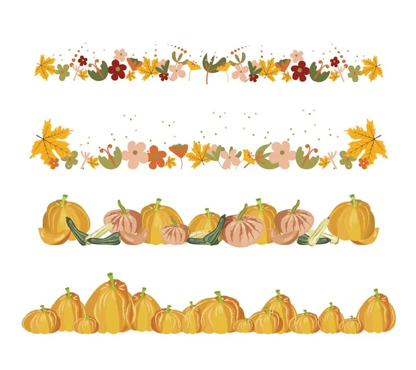Frontiere con foglie autunnali bacche e zucche. illustrazioni vettoriali stile piatto per il Ringraziamento. — Vettoriale Stock