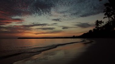 Tropikal ada plajı ve palmiye ağaçları üzerinde gün doğumu