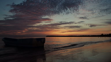 Tropikal ada plajı ve palmiye ağaçları üzerinde gün doğumu