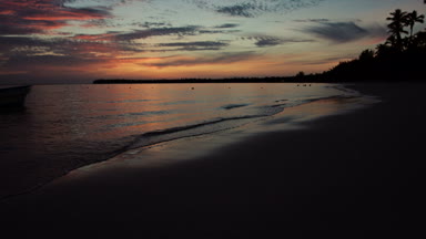Tropikal ada plajı ve palmiye ağaçları üzerinde gün doğumu