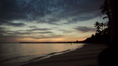 Tropikal ada plajı ve palmiye ağaçları üzerinde gün doğumu