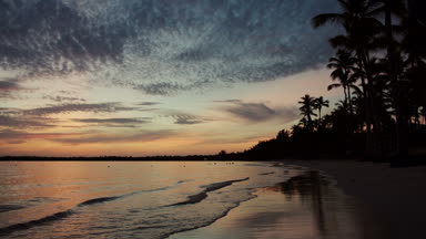 Tropikal ada plajı ve palmiye ağaçları üzerinde gün doğumu