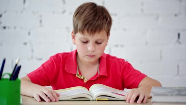 Colegial cansado de leer el libro de texto — Vídeos de Stock