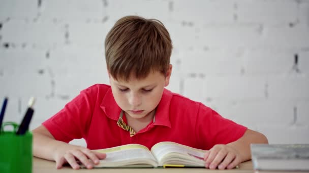 Школьник, читающий учебник — стоковое видео