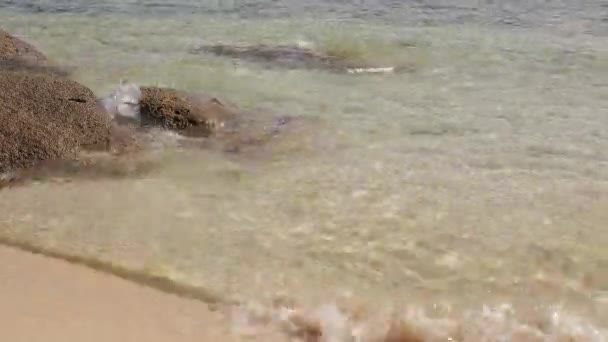 Ο ωκεανός πλένει μεγάλες πέτρες της ακτής των Σεϋχελλών — Αρχείο Βίντεο